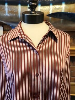 Vince Camuto Burgundy and White Striped Button-Up Shirt Drapes Flowy Silky Feel